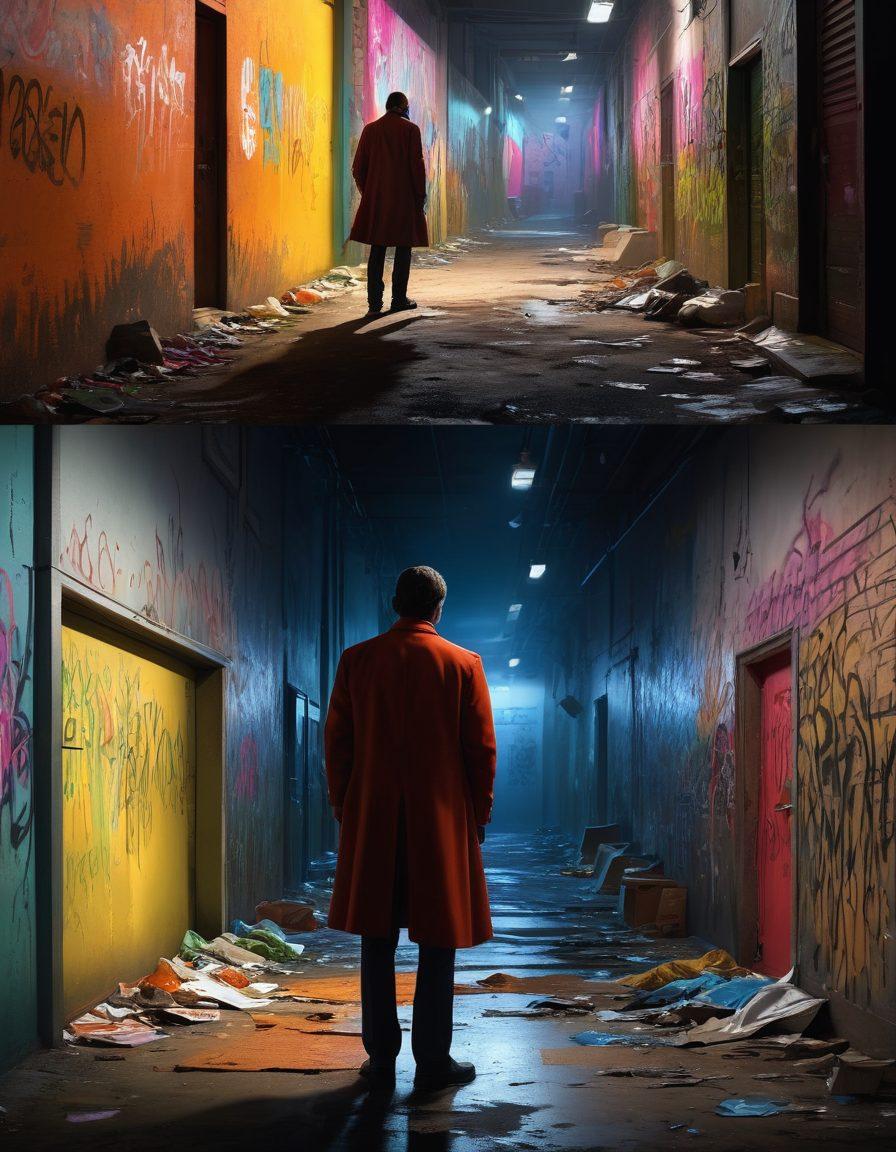 A split scene depicting two contrasting environments: on one side, a shadowy figure representing criminal history with a dark alley background, and on the other side, a bright office scene with documents showcasing credit checks and tenant screening. The imagery captures the concept of transformation from past to present with a transition effect between dark and light. The characters should look hopeful and professional. super-realistic. vibrant colors. 3D.